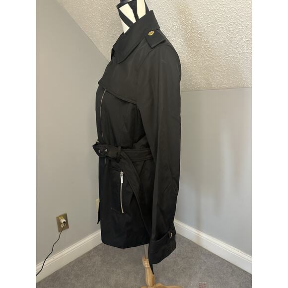 EUC Michael Kors Asymmetrical Belted Coat Black Size Large Gold Hardware Spring - Picture 4 of 11